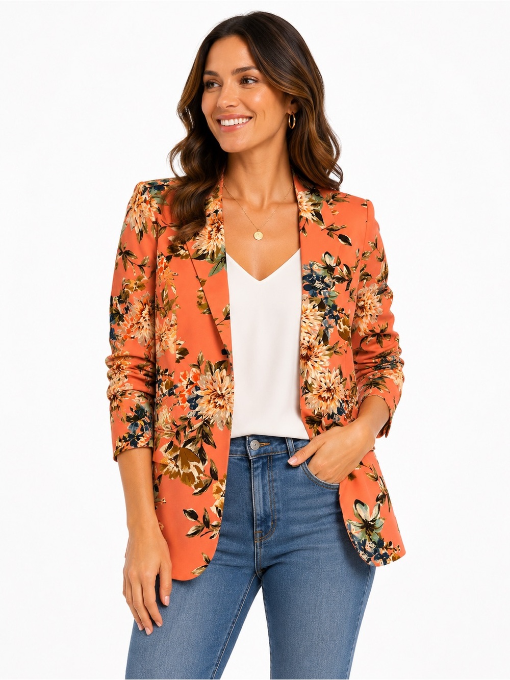 Cynthia Rowley Size Small Floral Orange Women's Open Front Blazer Jacket
